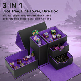 Inside view of the Stepane dice box showing organized compartments and velvet lining.