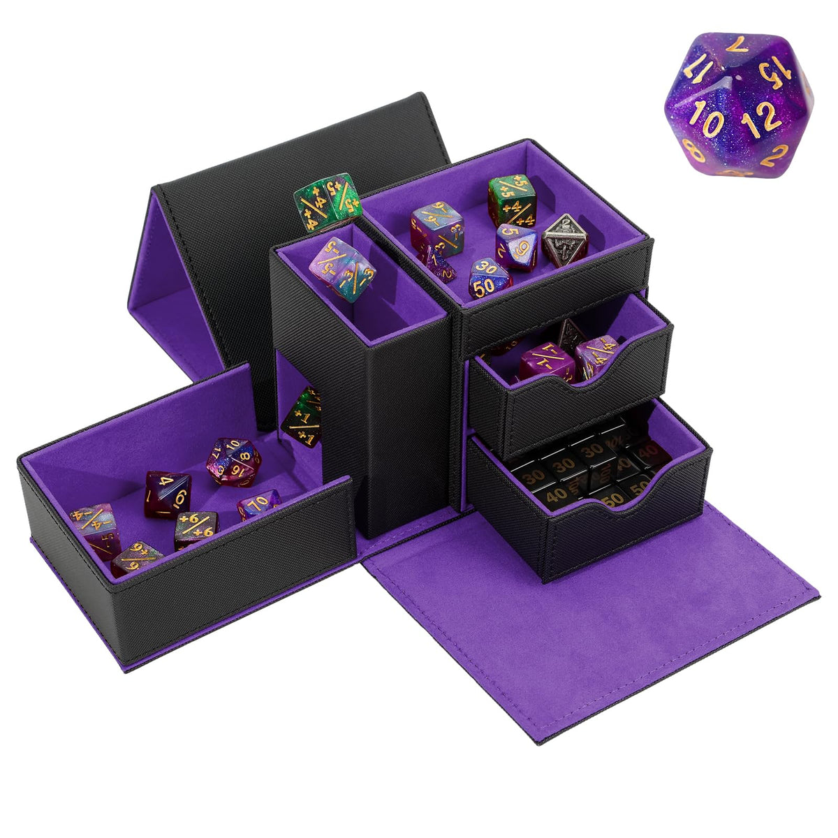 Stepane leather dice tray and tower in black and violet, stylish and organized for gaming sessions.