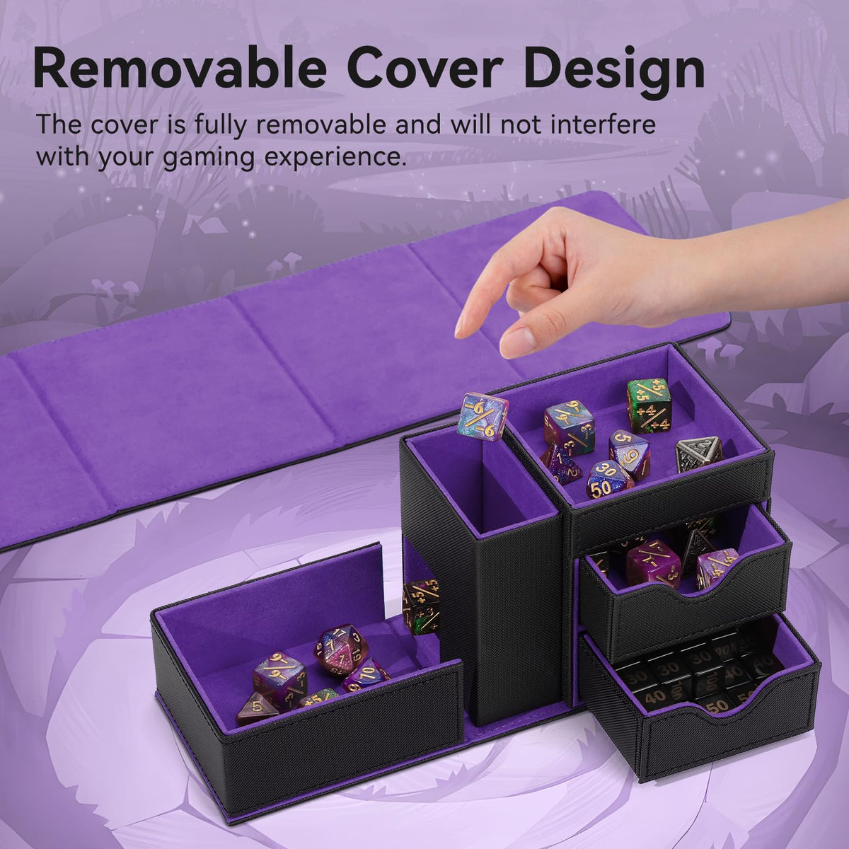 Magnetic closure lid securing Stepane dice box contents during transport.