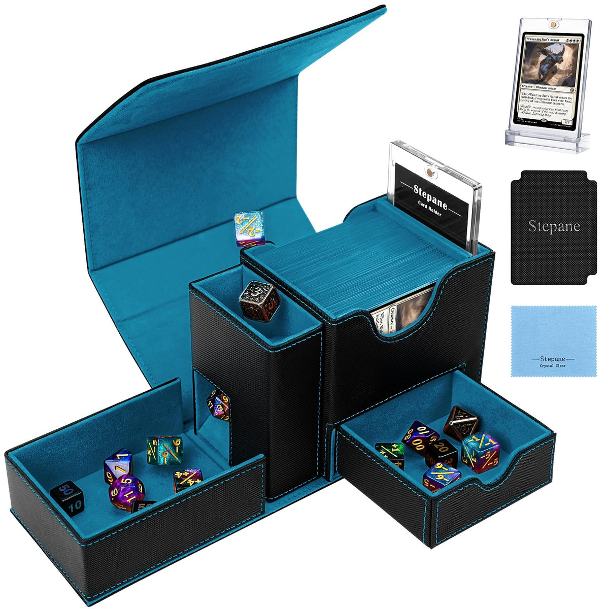 Stepane MTG deck box with dice tower for portable dice rolling.