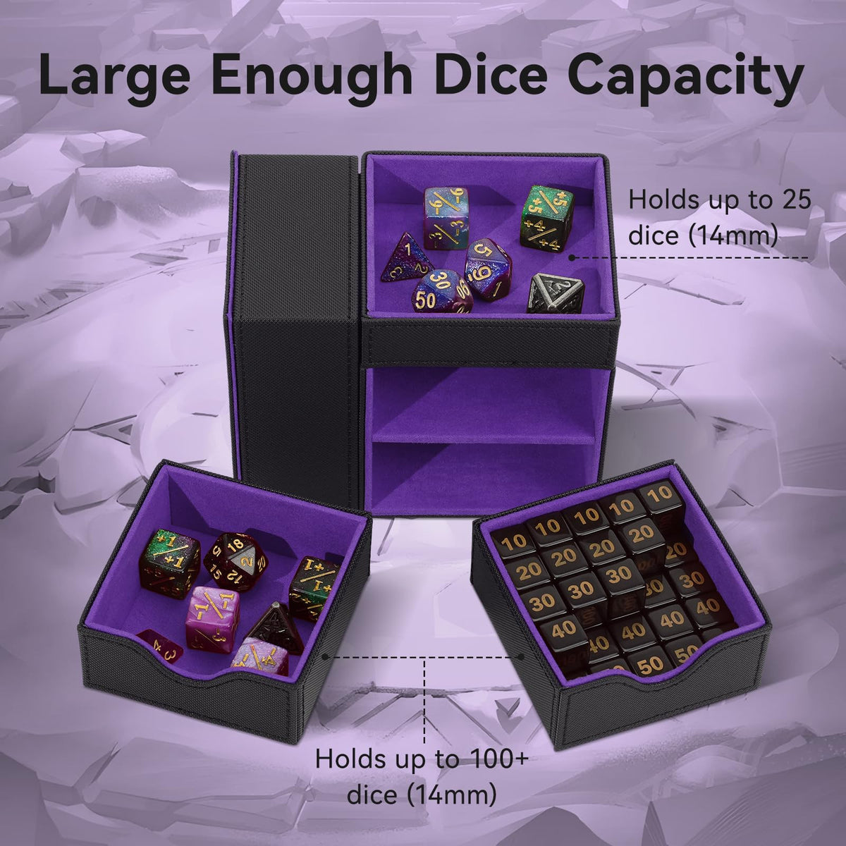Open platform with two drawers for storing dice, minis, and tokens in Stepane case.