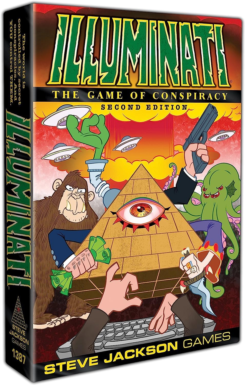 Steve Jackson Games Illuminati Second Edition box front with bold artwork for modern shelf appeal.