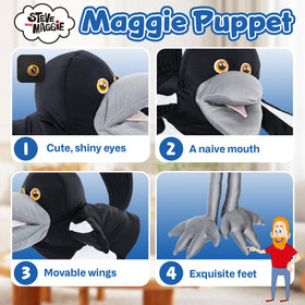 Steve and Maggie magpie plush with vivid 3D eyes for imaginative puppetry.