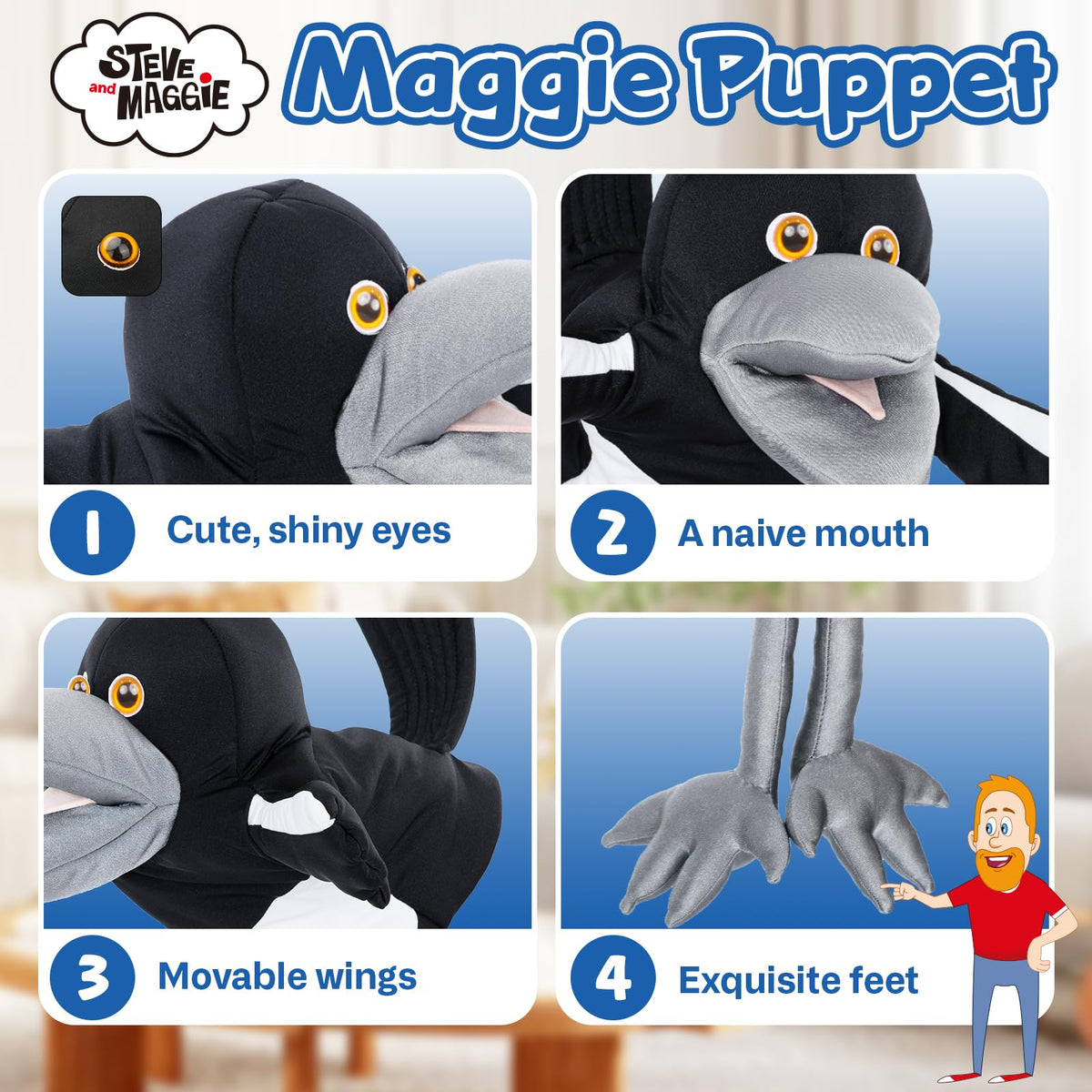 Close-up of the 3D eyes and beak for vivid pretend play.