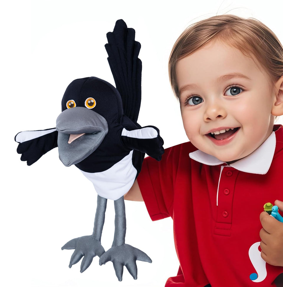Steve and Maggie Maggie Magpie hand puppet for interactive storytelling and play.