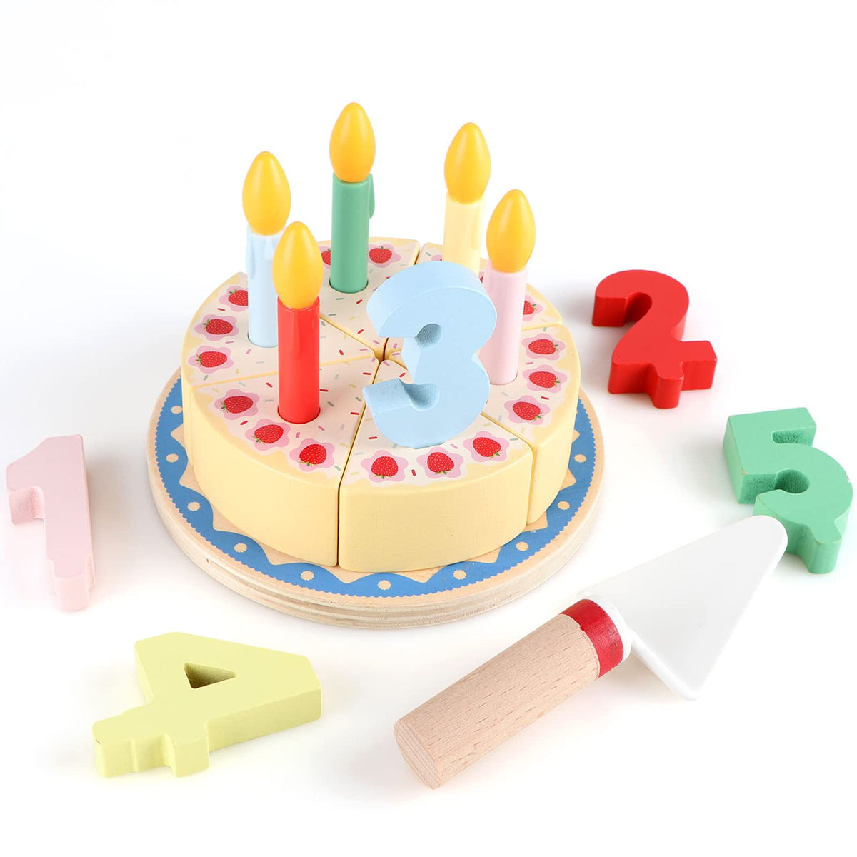 Steventoys wooden cake slices for pretend play and fine motor development.