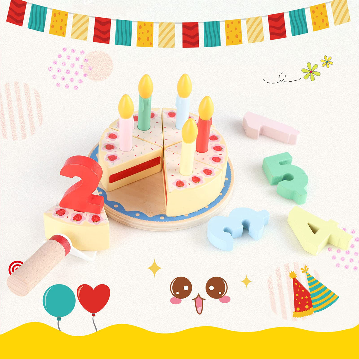 Steventoys wooden number tiles help early numeracy during cake play.