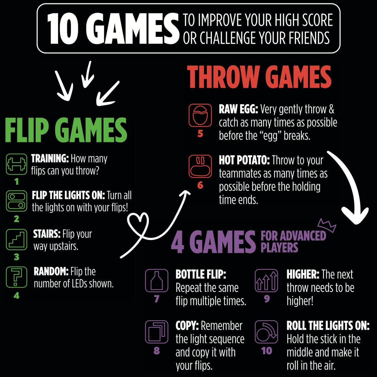 Stickflip shows ten games with high scores to beat.