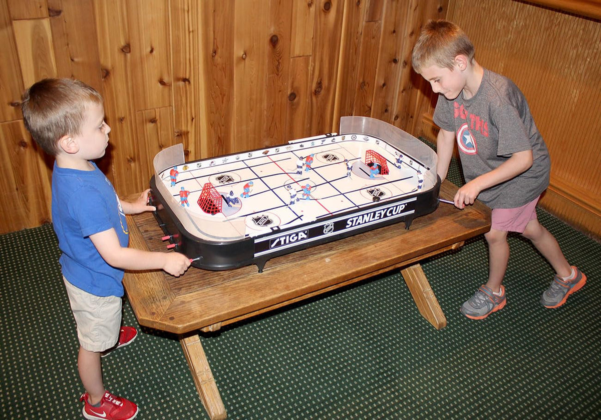 STIGA Stanley Cup 3T table hockey puck ejectors and plexi shields in play.