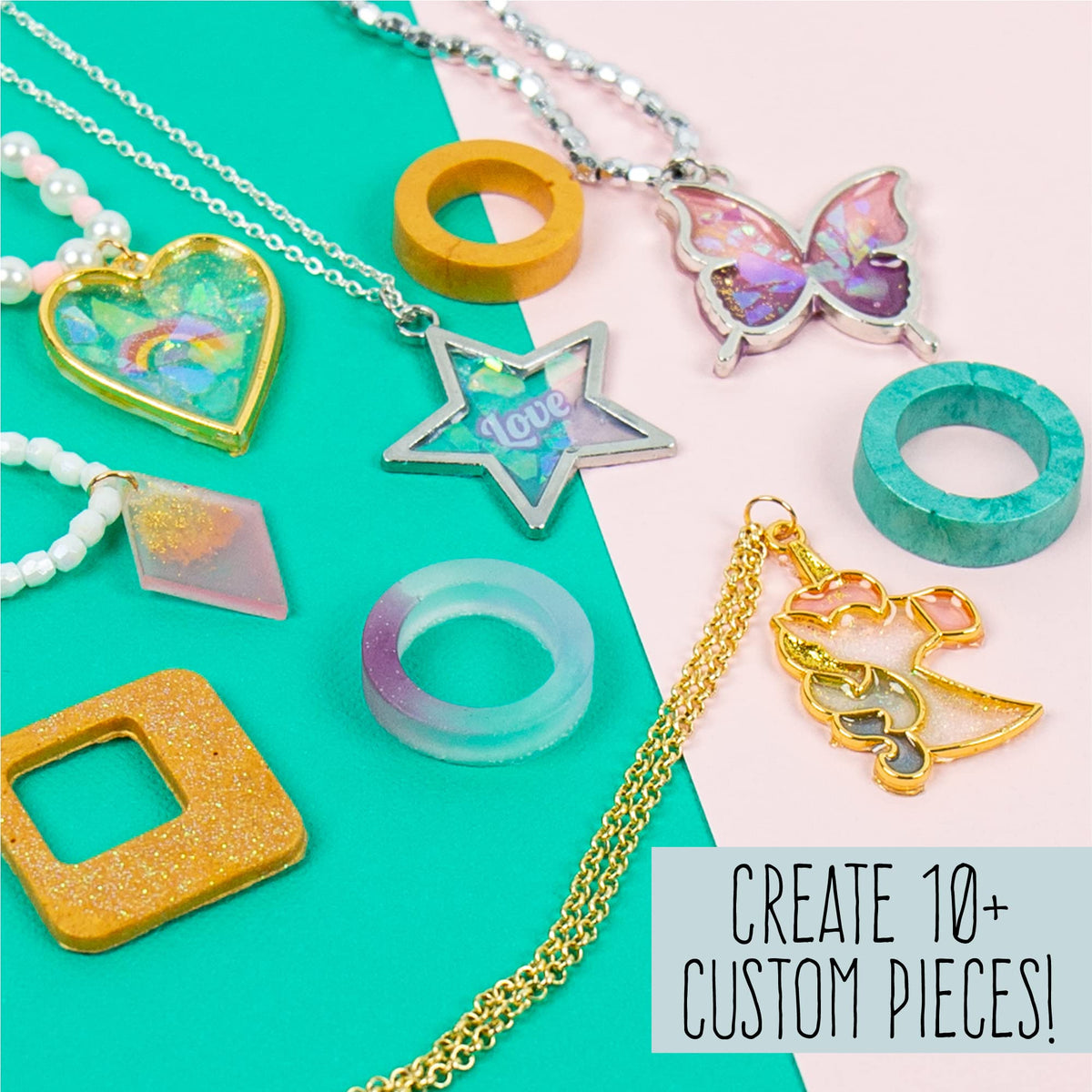 STMT D.I.Y. resin jewelry bezel shapes featuring butterfly, star, unicorn, and heart designs
