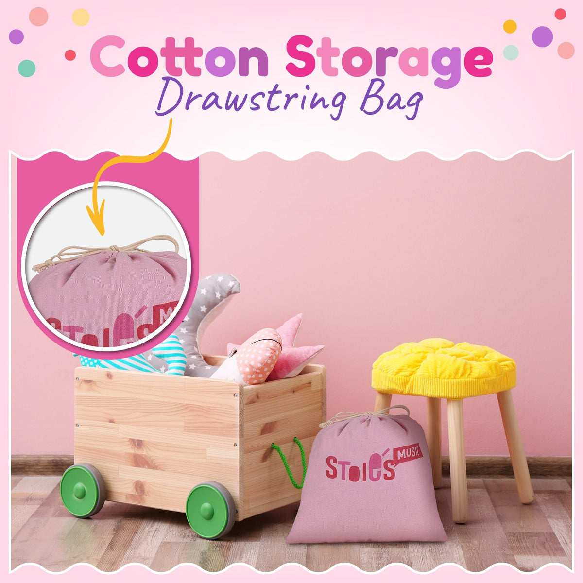 Stoie's wood sounder and storage bag keep toys organized.