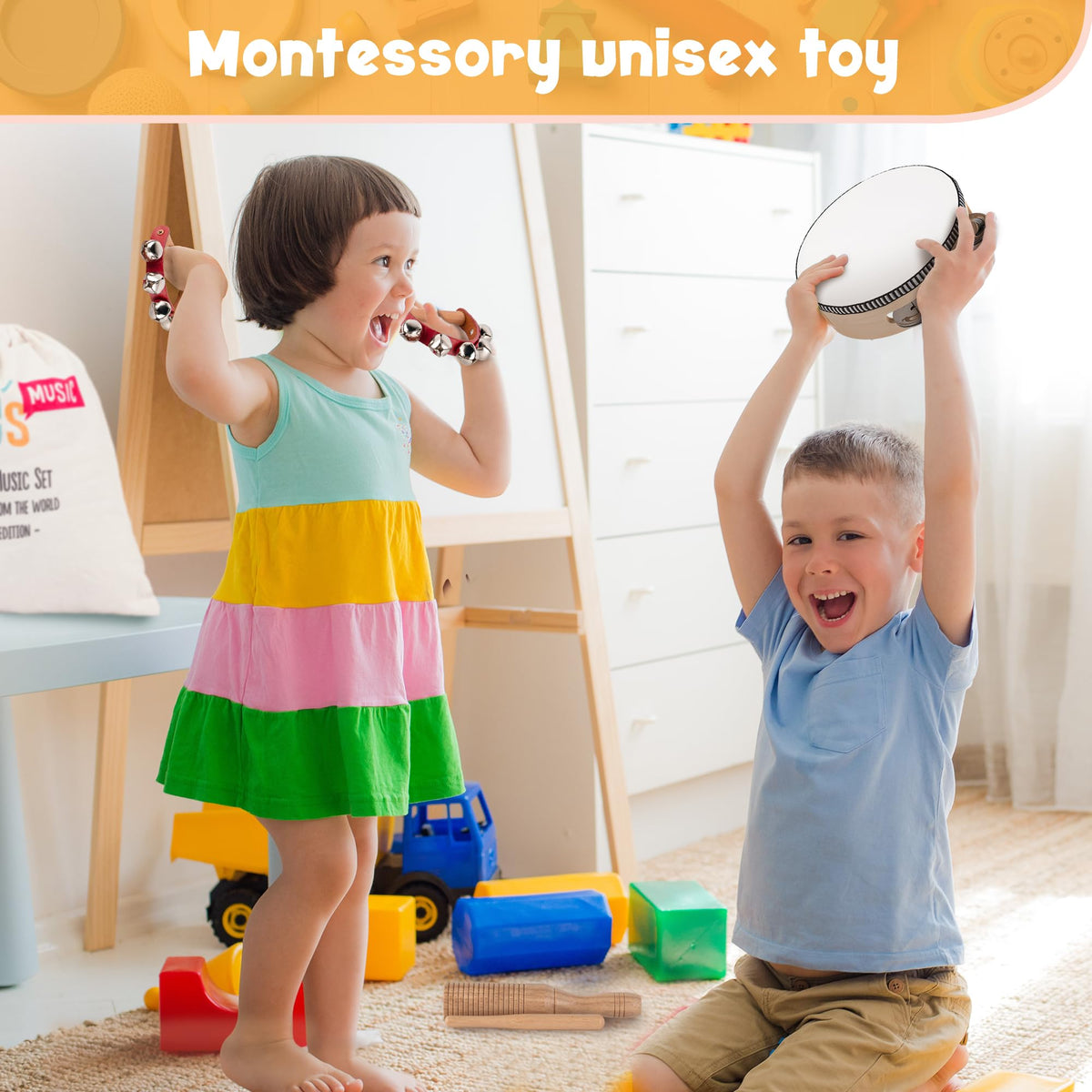 Stoie's wooden toddler hand bells support sound discrimination and family fun.