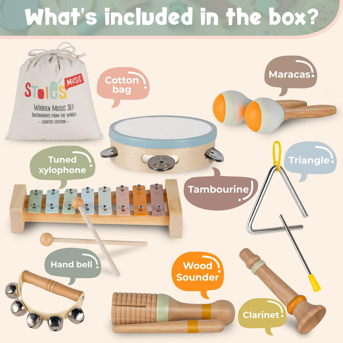 Stoies tambourine enables tactile play and coordination during group music time.
