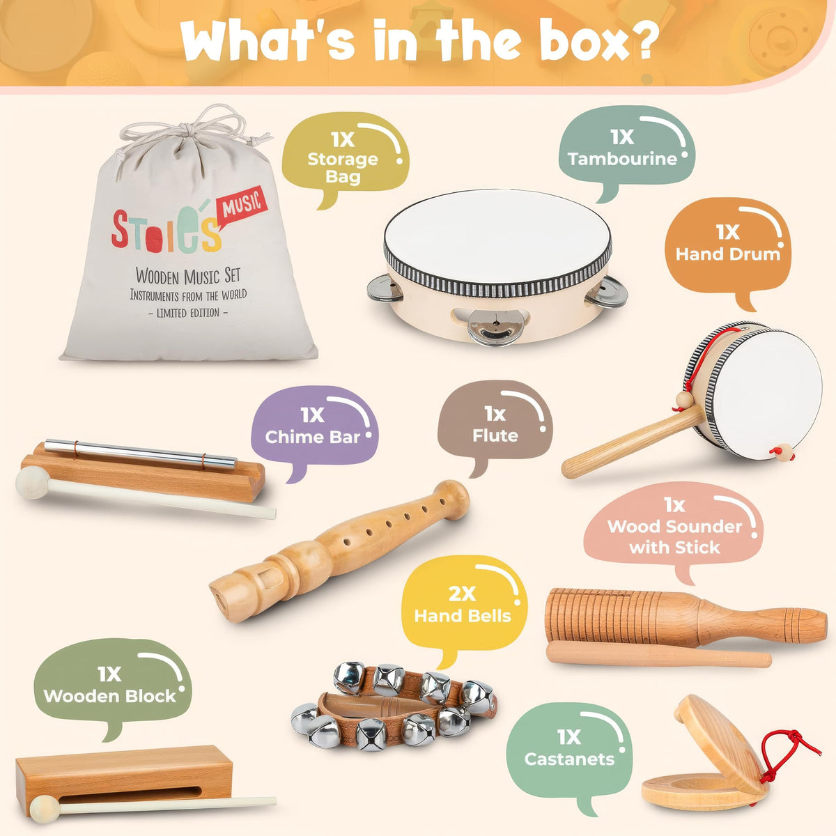 Stoie's wooden castanet supports fine motor skills through lively play.