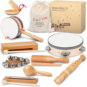 Stoie's wooden toddler drum for sensory play and rhythm development.