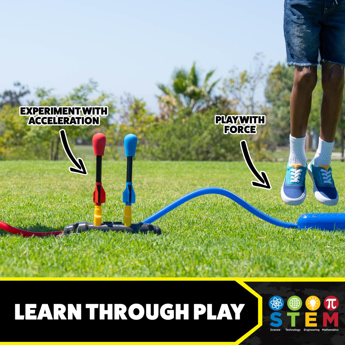 Durable dueling base supports energetic stomp-powered launches.