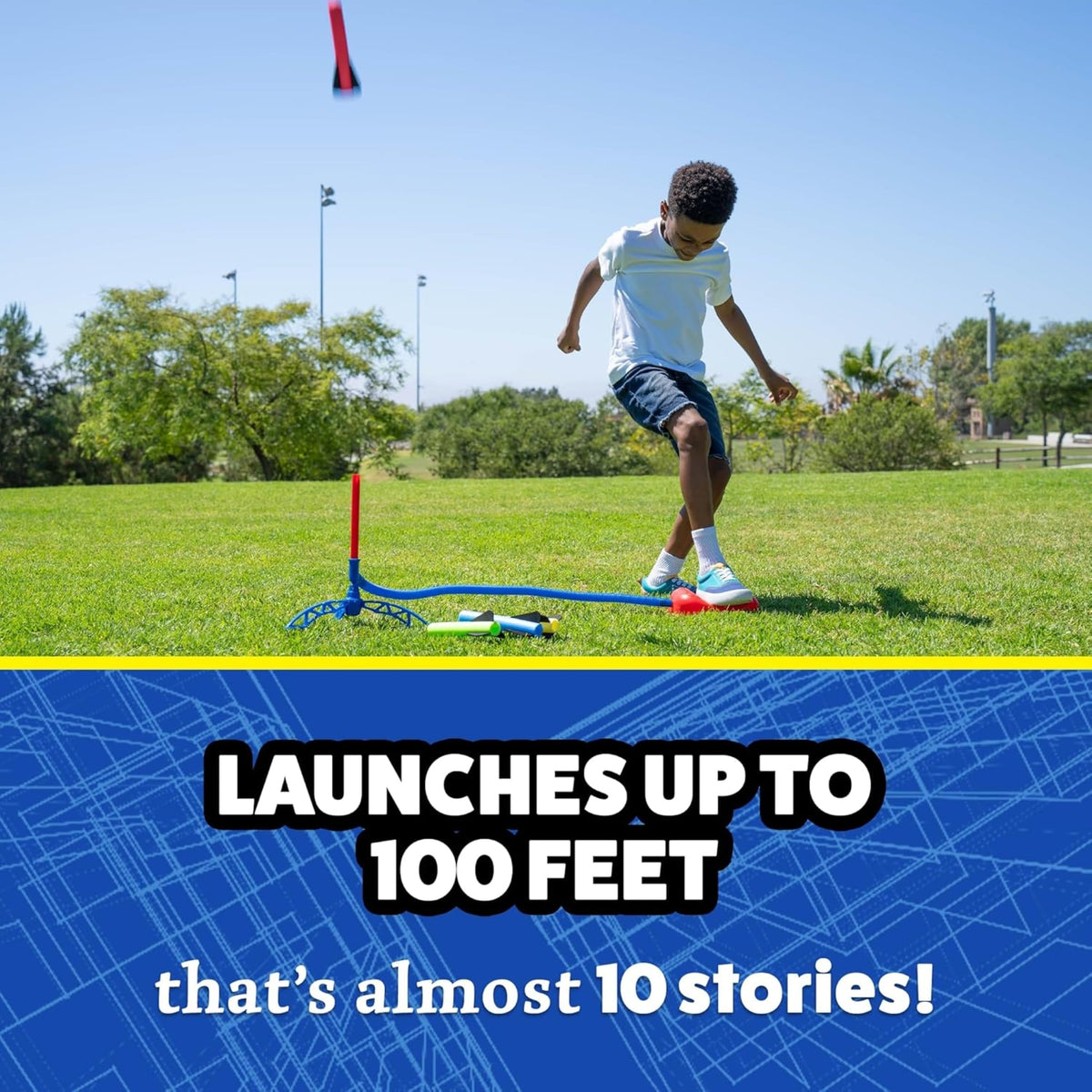 Stomp Rocket Jr Durable Base supports energetic stomping in open space.