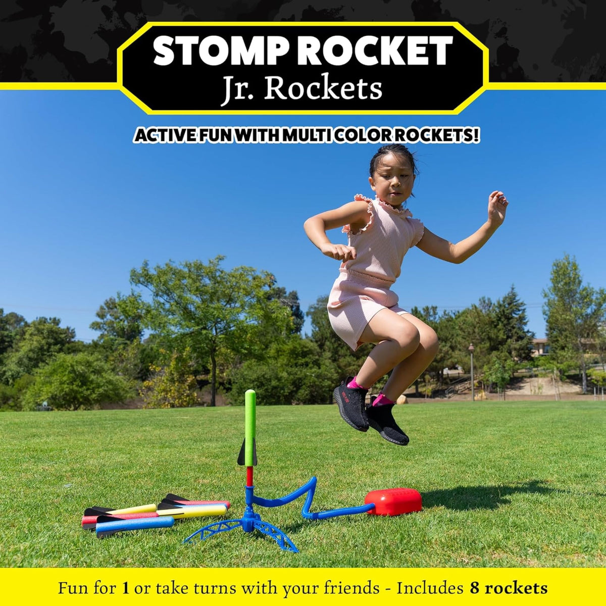 Stomp Rocket Jr Multi Color Rockets lined up for high flying outdoor fun.