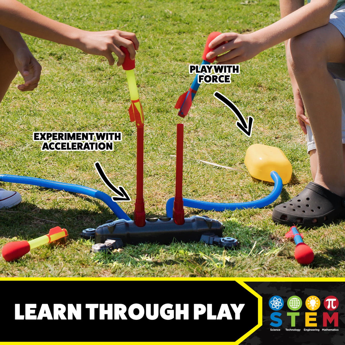 Stomp Rocket launch-up-to-200-feet highlights impressive skyward reach during outdoor play.
