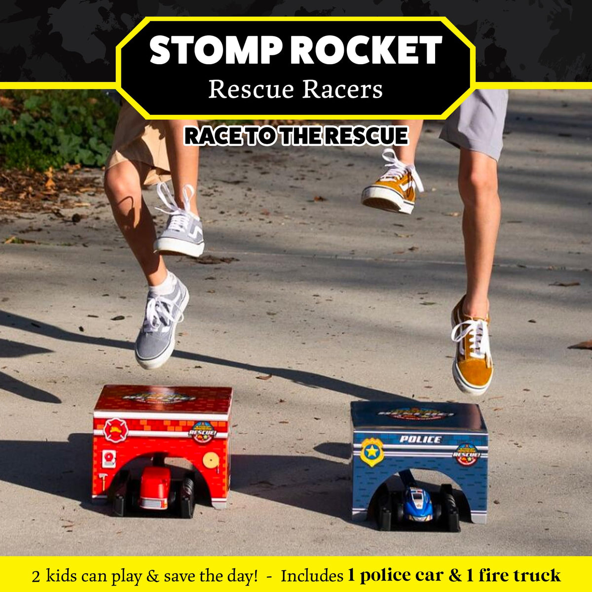 Stomp Rocket Rescue Racers dual launchers keep kids engaged indoors or outdoors.