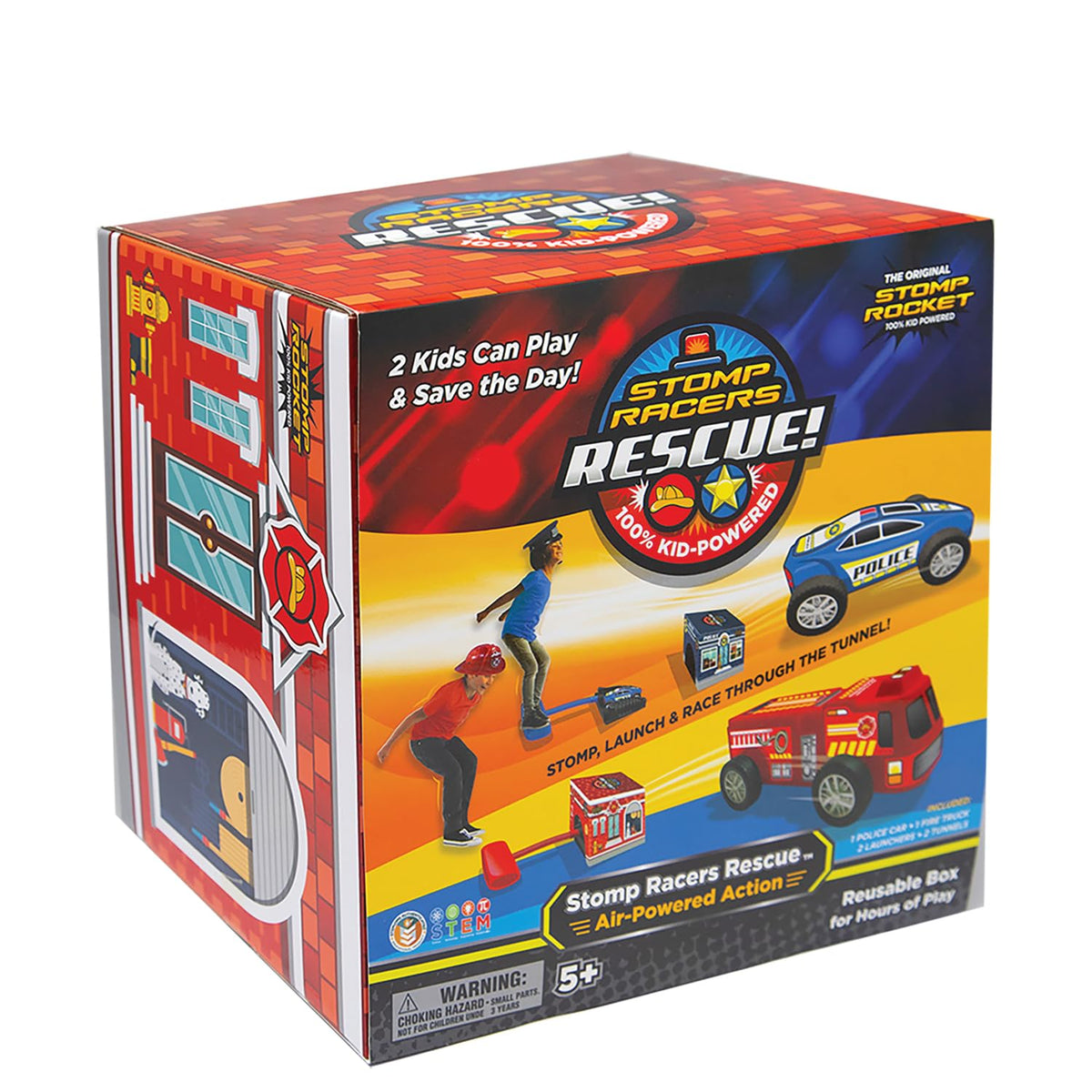 Stomp Rocket Rescue Racers firetruck launch scene promotes active outdoor play.