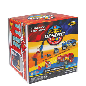 Stomp Rocket Rescue Racers firetruck launch scene promotes active outdoor play.