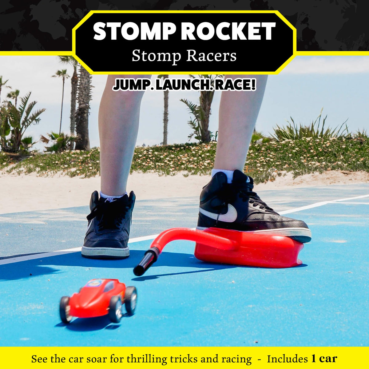 Stomp Racers launcher in action enables quick indoor or outdoor play.