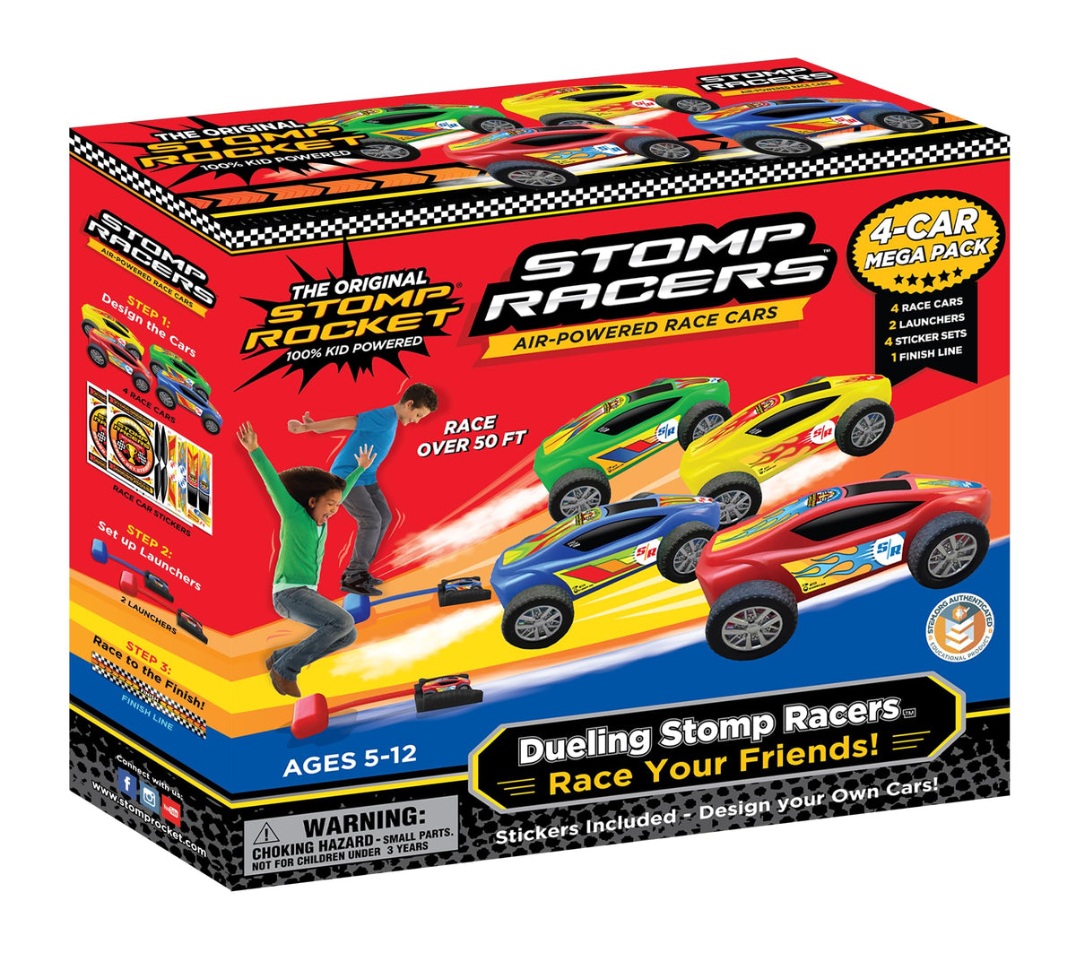 Stomp Rocket Stomp Racers Mega Pack main image showing four cars and two launchers for backyard racing.