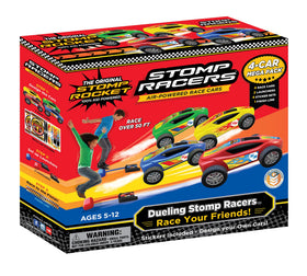 Stomp Rocket Stomp Racers Mega Pack main image showing four cars and two launchers for backyard racing.