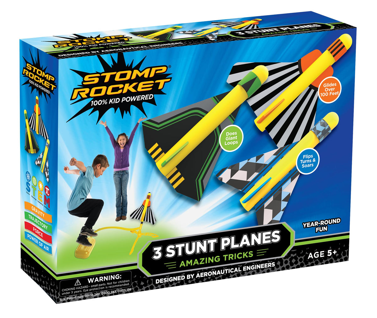 Stomp Rocket Stunt Plane Launcher with three planes ready for outdoor screen-free play.
