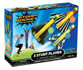 Stomp Rocket Stunt Plane Launcher with three planes ready for outdoor screen-free play.