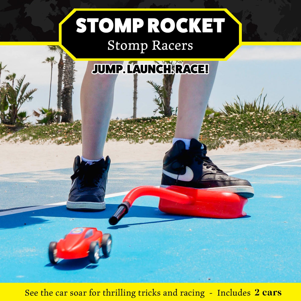Stomp Rocket launchers setup for quick, battery-free play indoors or outdoors.