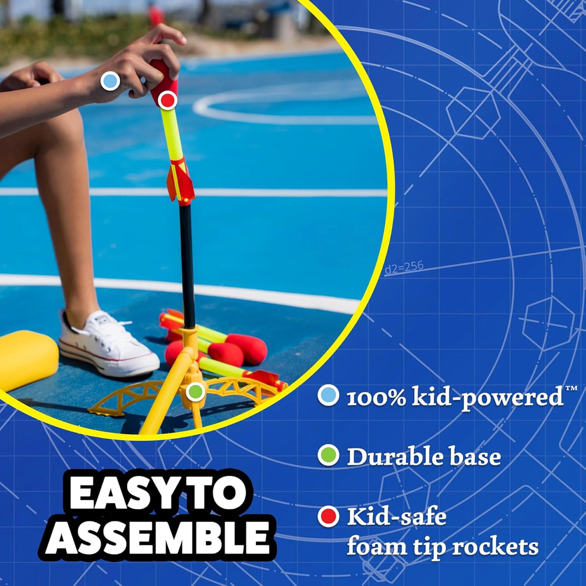 Stomp Rocket Ultra adjustable launch stand enables versatile launches.
