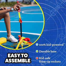 Stomp Rocket Ultra adjustable launch stand enables versatile launches.