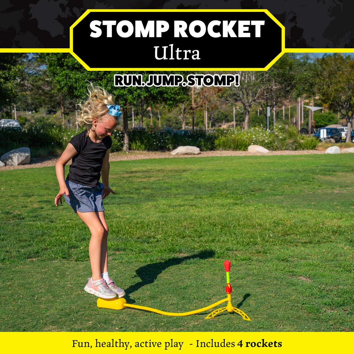 Stomp Rocket Ultra kid stomping action demonstrates active outdoor fun.