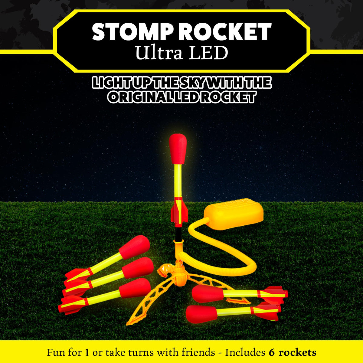 LED foam-tipped rockets glow as they launch for nighttime play.