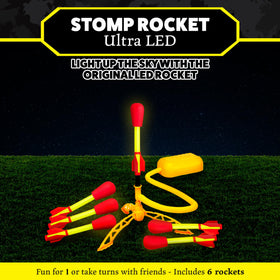 LED foam-tipped rockets glow as they launch for nighttime play.