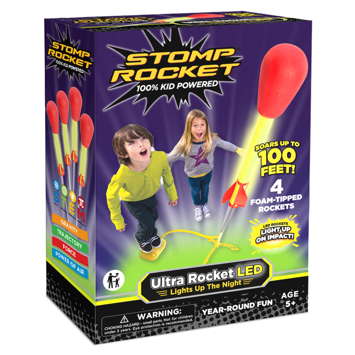 Stomp Rocket Ultra LED on launchpad with adjustable stand for outdoor fun.