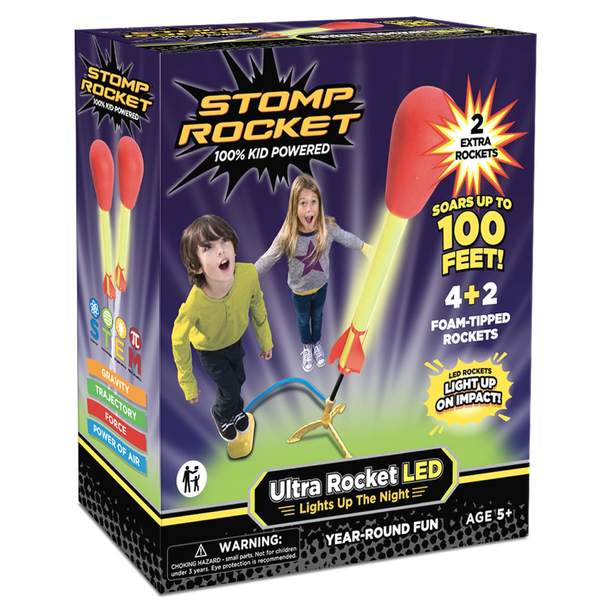 Stomp Rocket Ultra LED launcher in action, kid-powered fun for outdoor play.