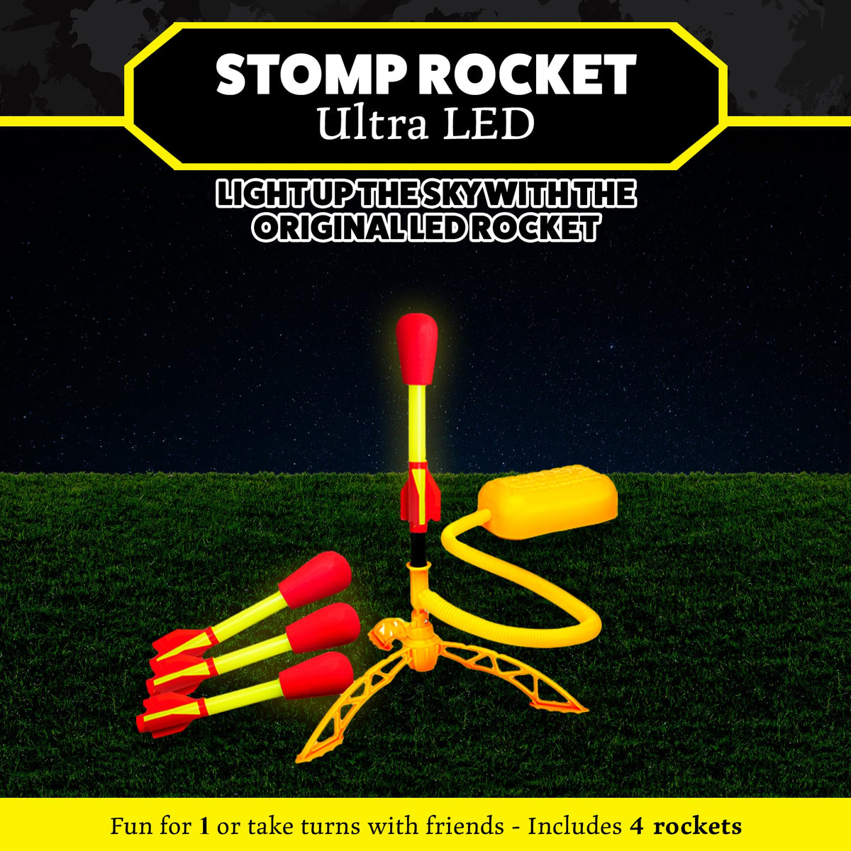Stomp Rocket Ultra LED rocket in night flight with bright glow.