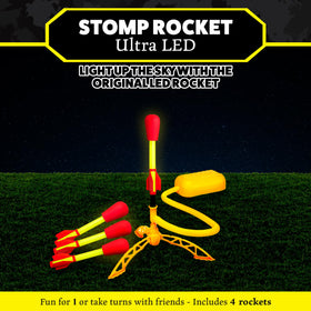 Stomp Rocket Ultra LED rocket in night flight with bright glow.
