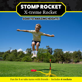 Stomp Rocket X-Treme foam-tipped rocket soaring into the sky.