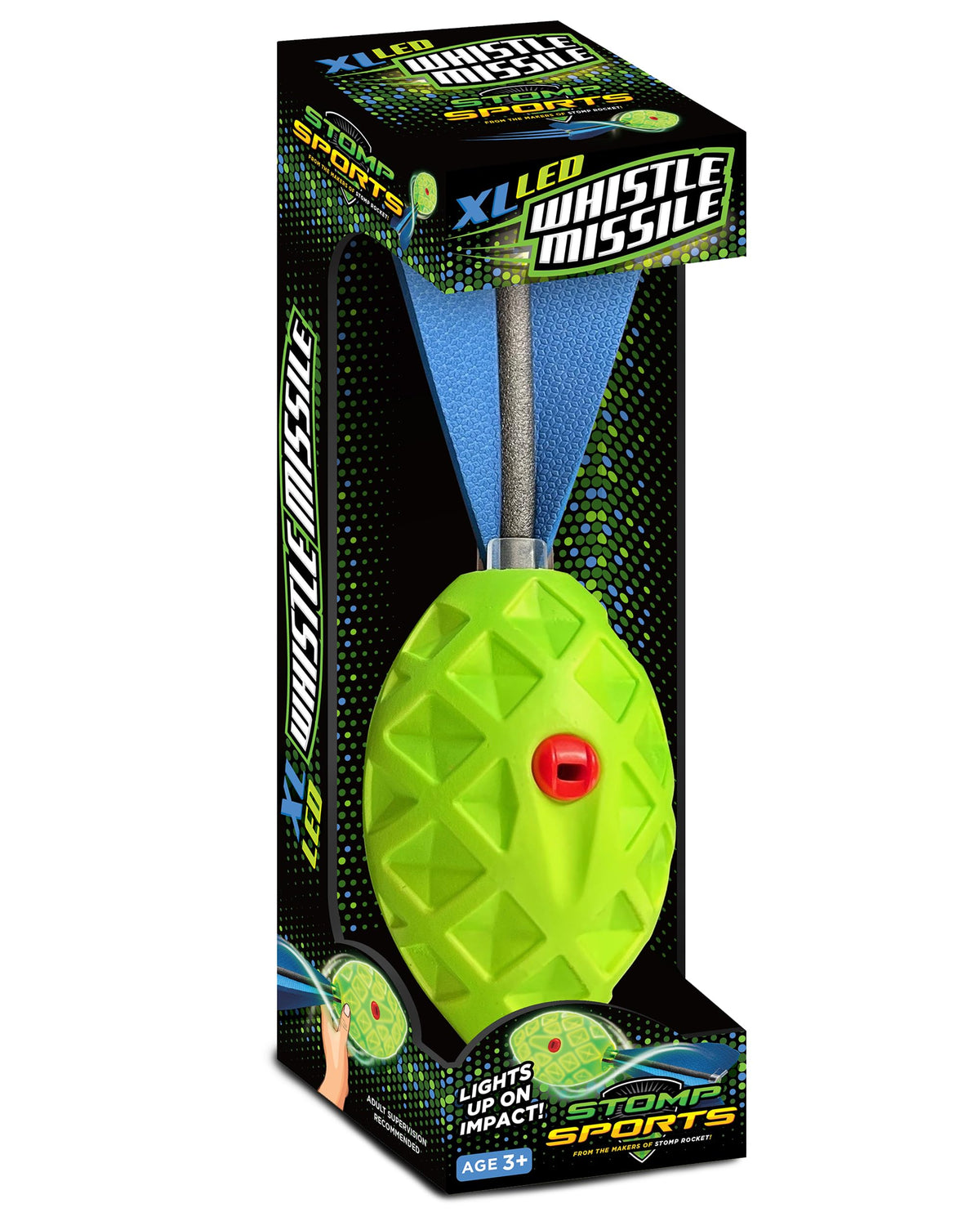 Stomp Rocket XL LED Whistle Missile air flight shows a whistling foam football in outdoor play.