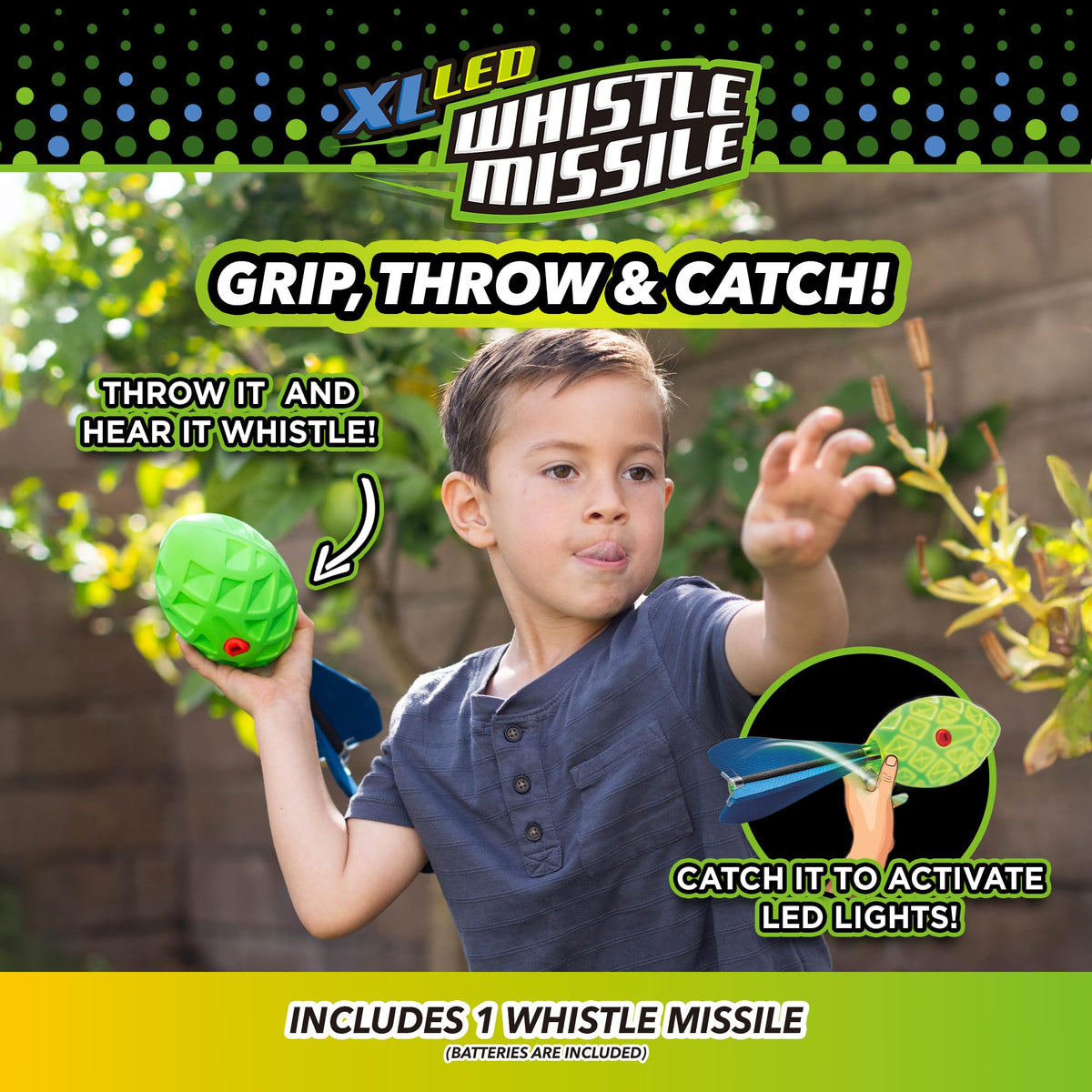 Stomp Rocket XL LED Whistle Missile features soft foam and a safe, easy-grip design.