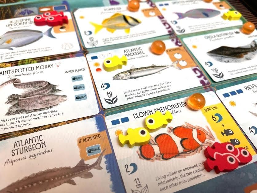 Stonemaier Finspan screen-printed wooden resources with vibrant game-accurate visuals.