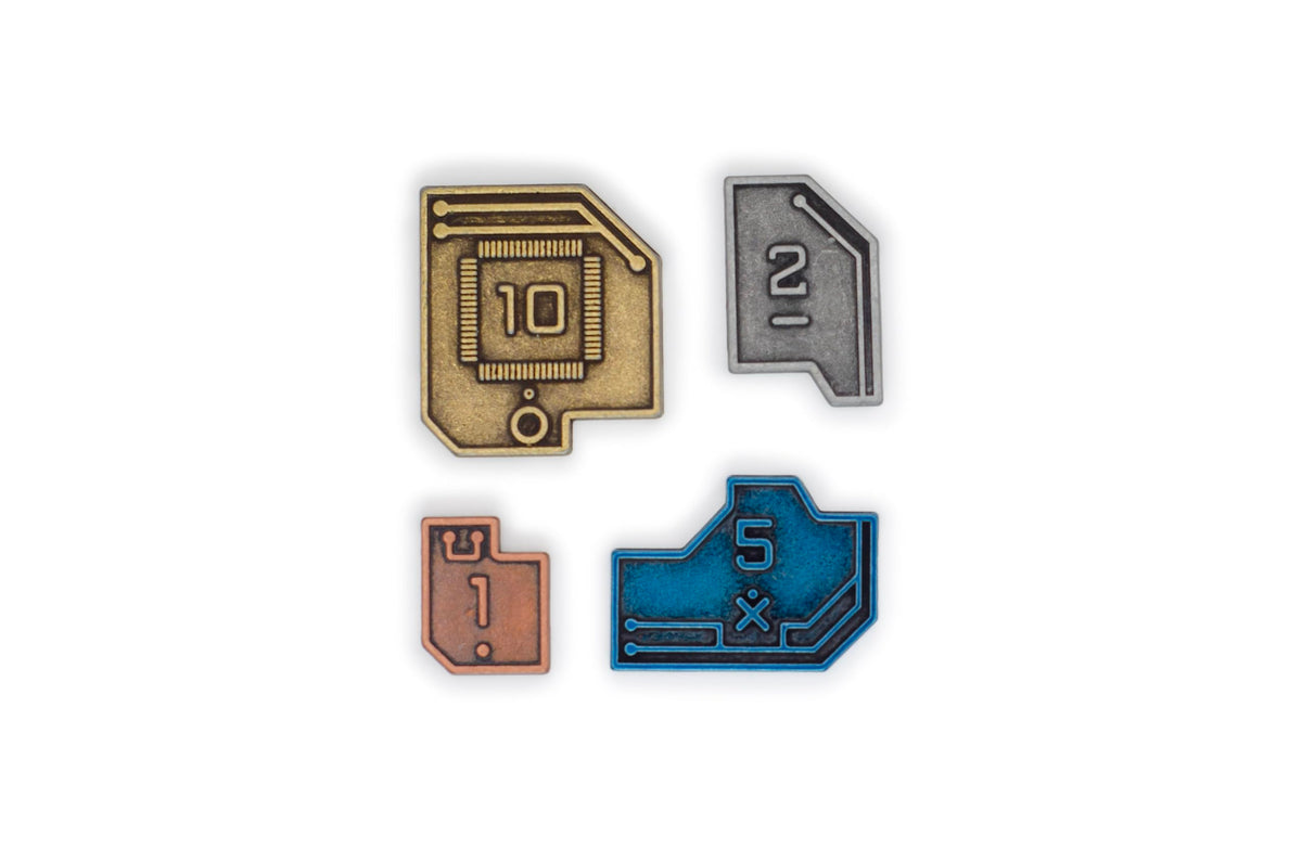 Stonemaier Games metal coins in hand, showcasing weight and authentic feel for tabletop gaming.