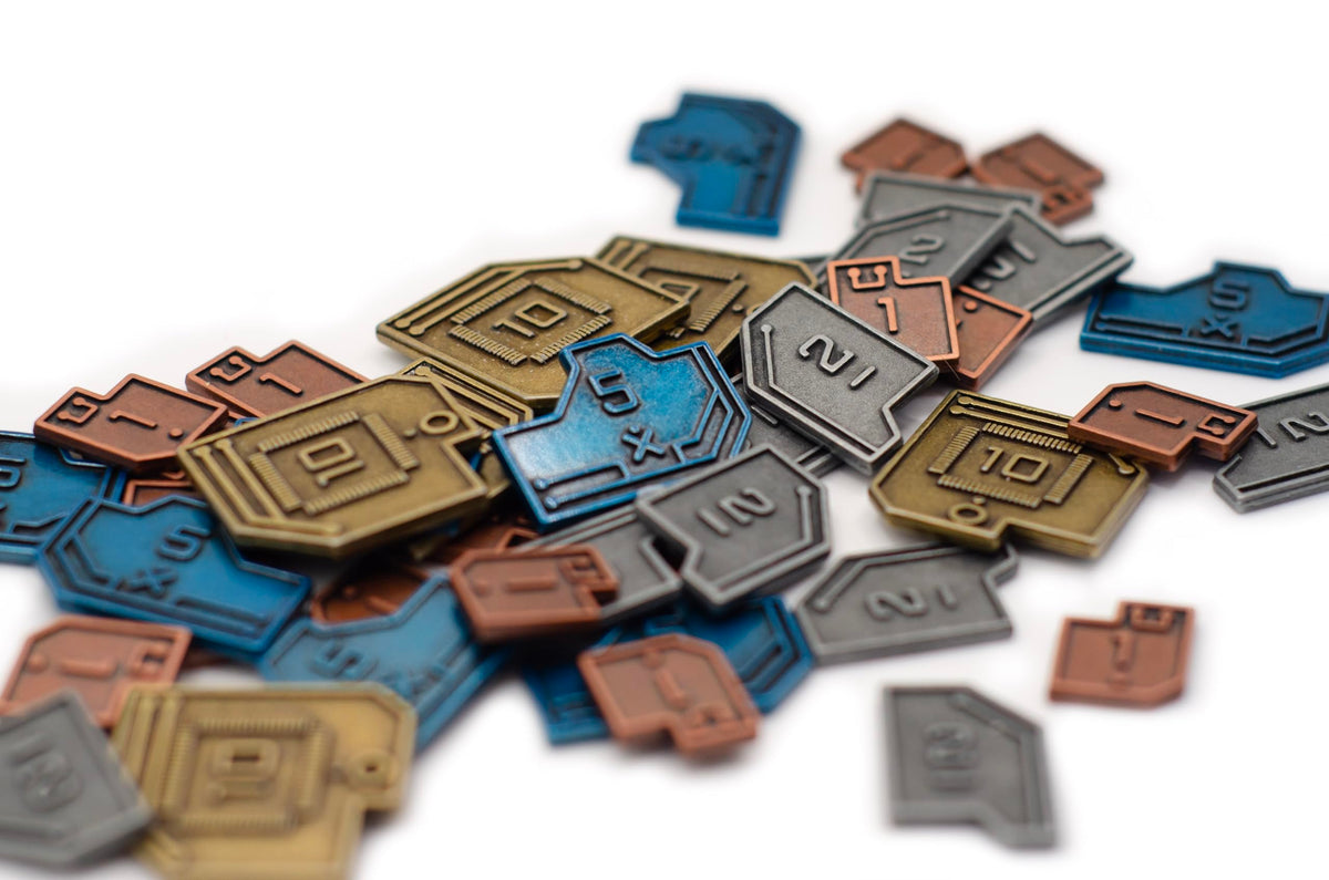 Stonemaier Games Vantage coins on a game board, ideal for sci-fi and strategy games.
