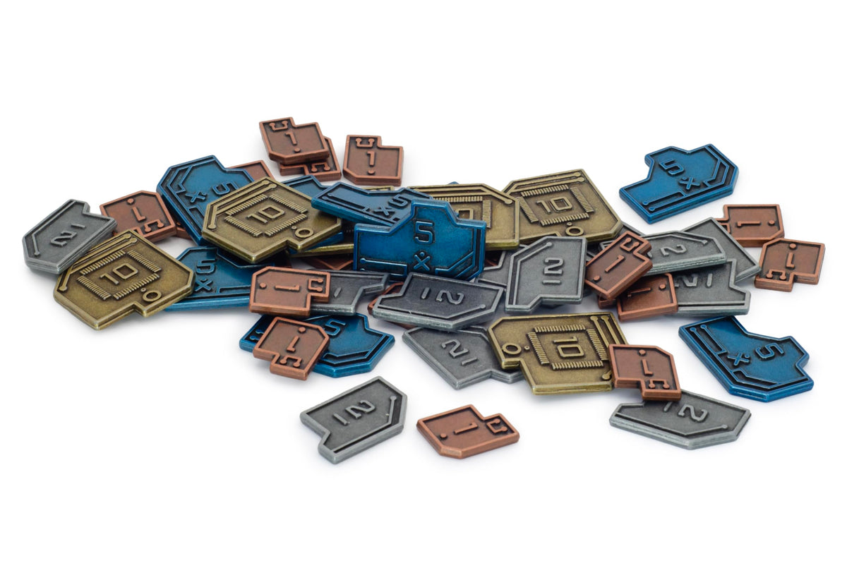 Stonemaier Games Metal Sci-Fi Coins (Vantage) on a tabletop, enhancing tactile gameplay and immersion.