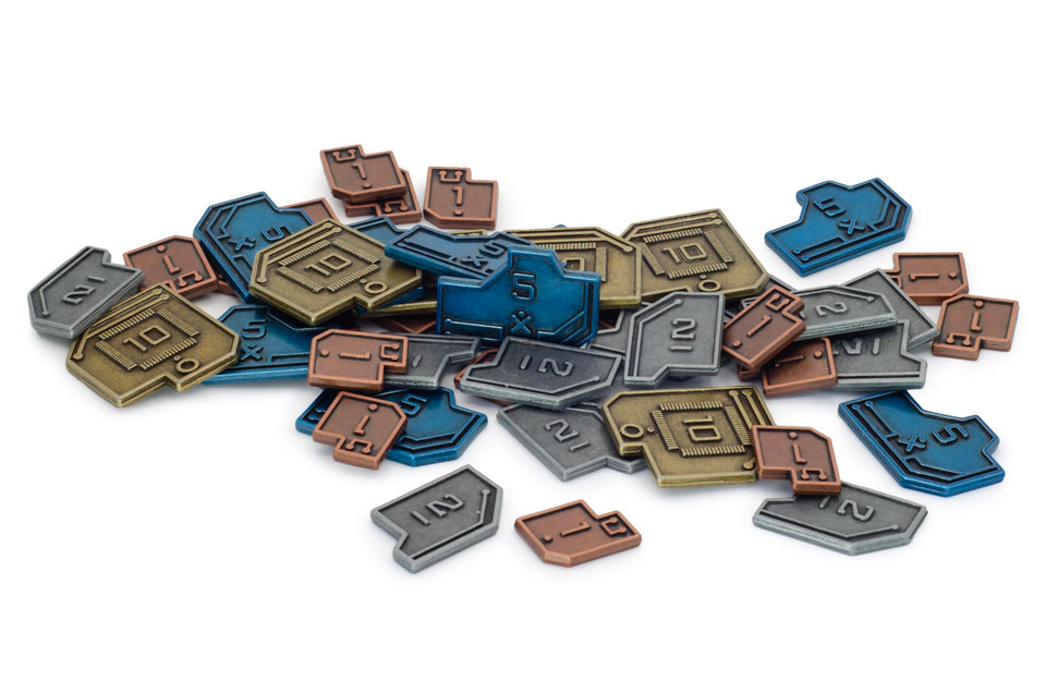 Stonemaier Games Metal Sci-Fi Coins (Vantage) on a tabletop, enhancing tactile gameplay and immersion.