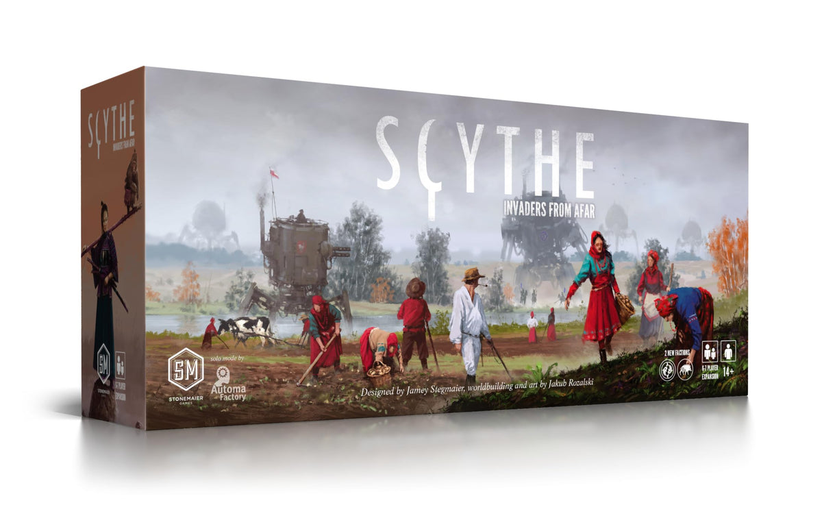 Stonemaier Games' Scythe Invaders from Afar cover art with vivid 1920s-inspired visuals.